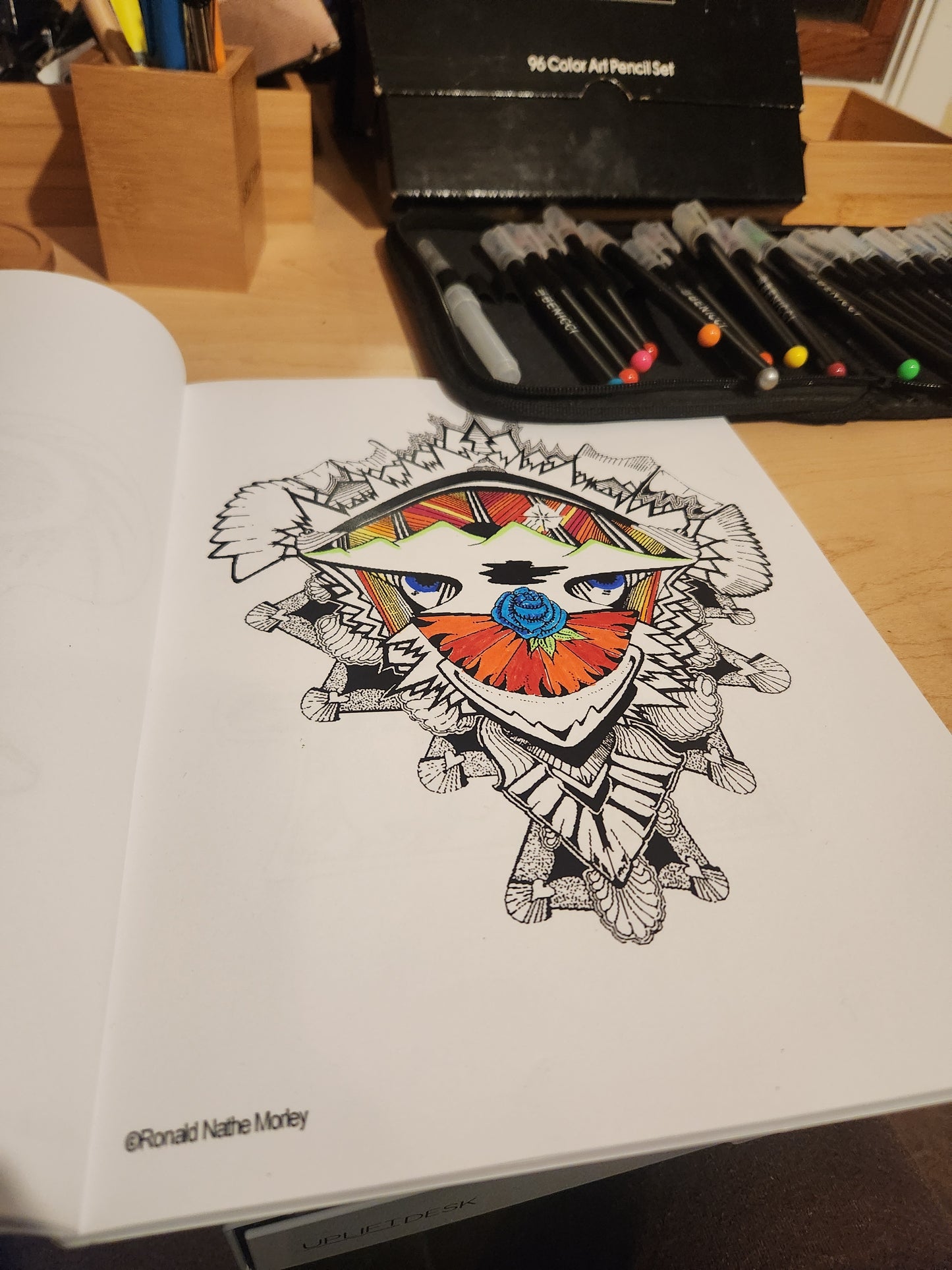 A Trippy Clown with a Rose Nose  Original Coloring Page by Ron Morley instant pdf download - 1 page