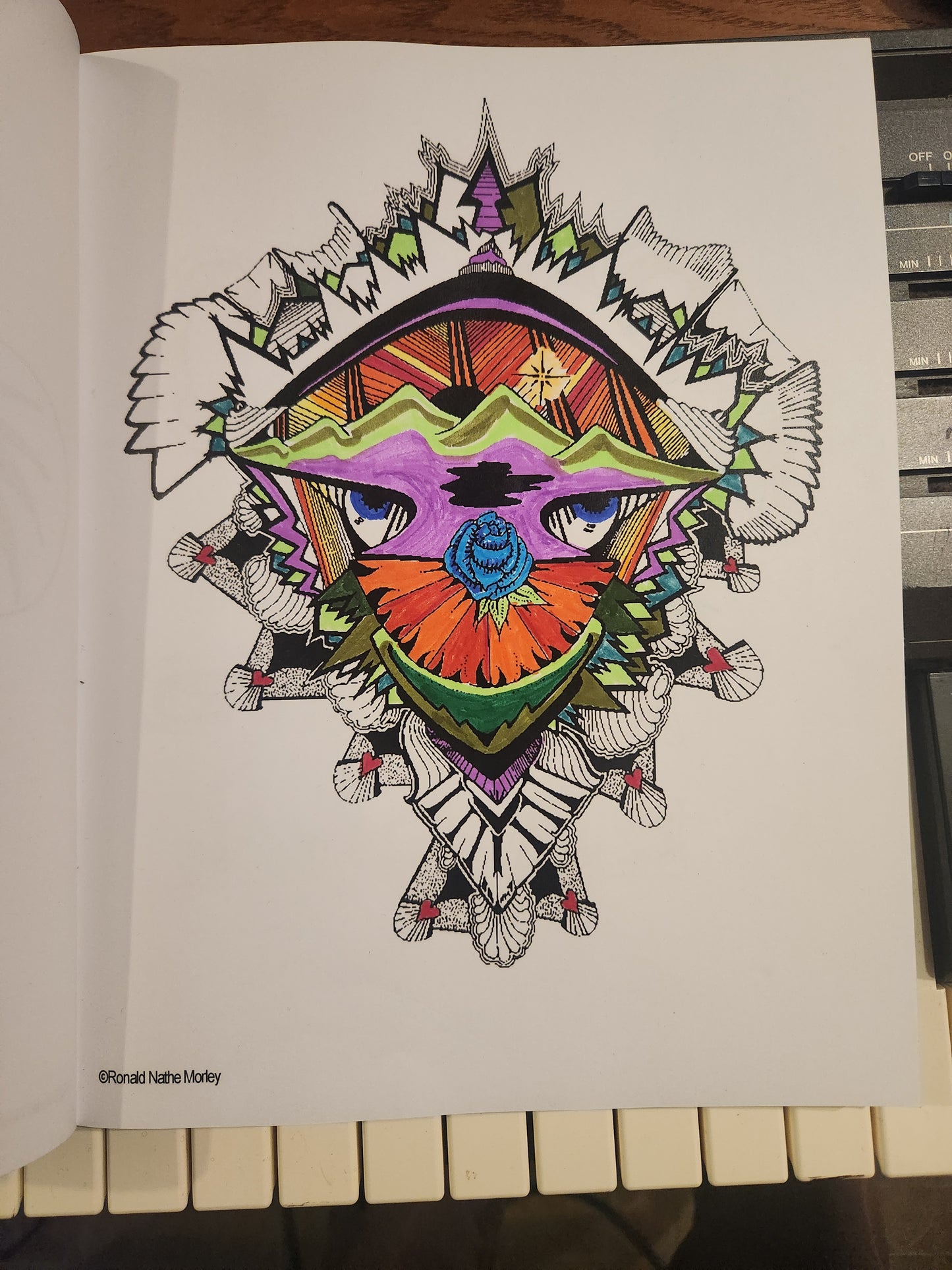A Trippy Clown with a Rose Nose  Original Coloring Page by Ron Morley instant pdf download - 1 page