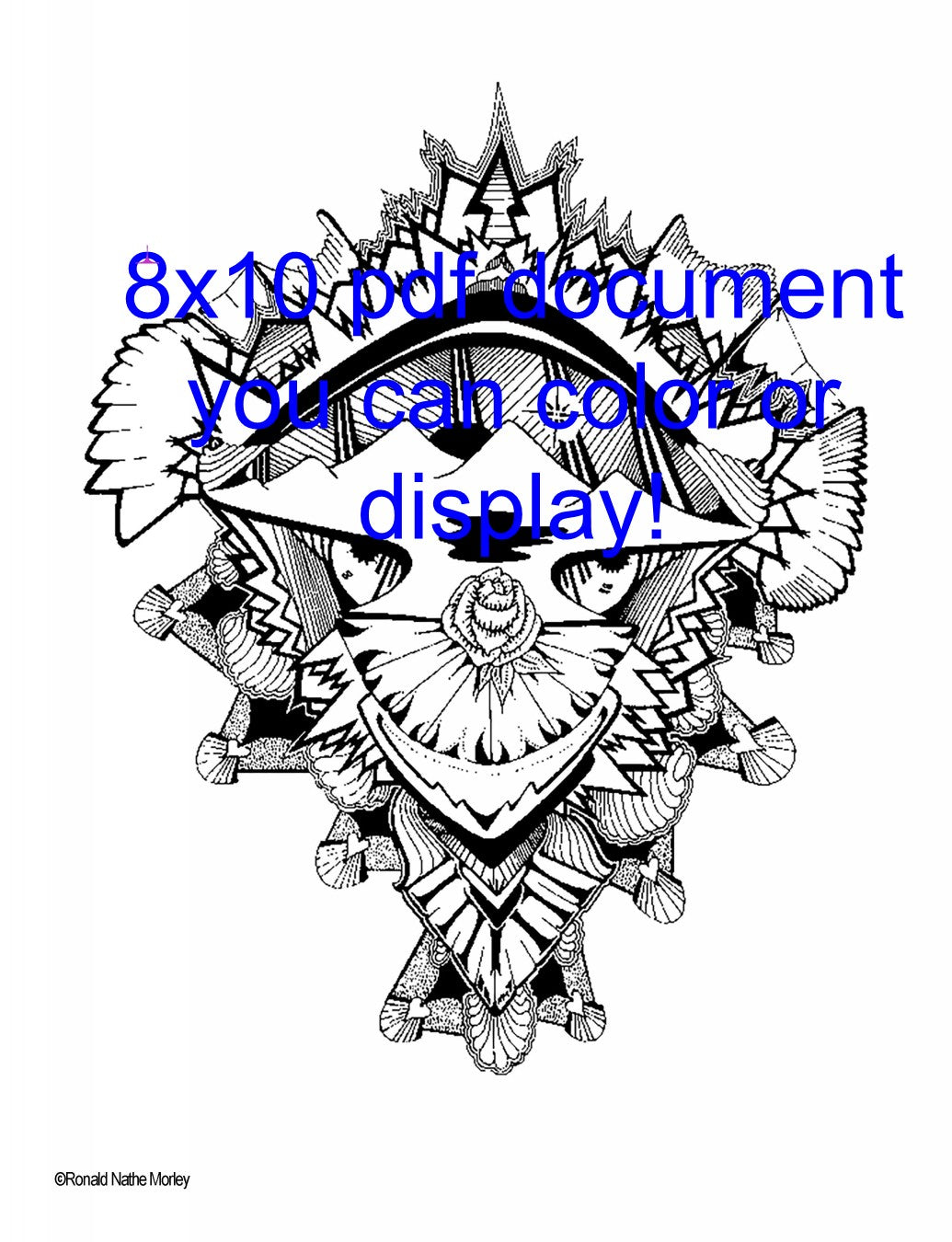 A Trippy Clown with a Rose Nose  Original Coloring Page by Ron Morley instant pdf download - 1 page