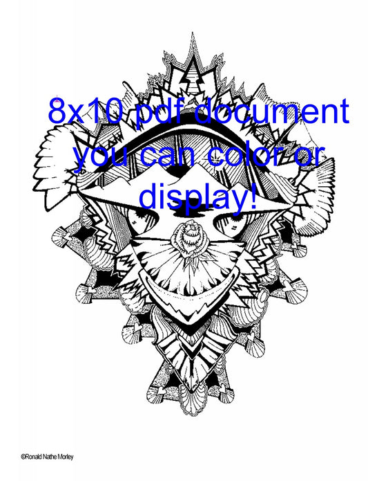 A Trippy Clown with a Rose Nose  Original Coloring Page by Ron Morley instant pdf download - 1 page